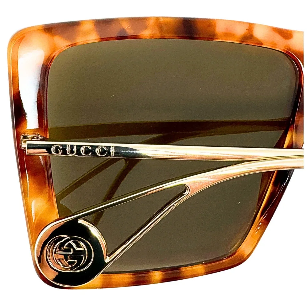 Gucci Sunglasses Oversized Square GG LOGO Brown Acetate Gold Wire Frames NEW